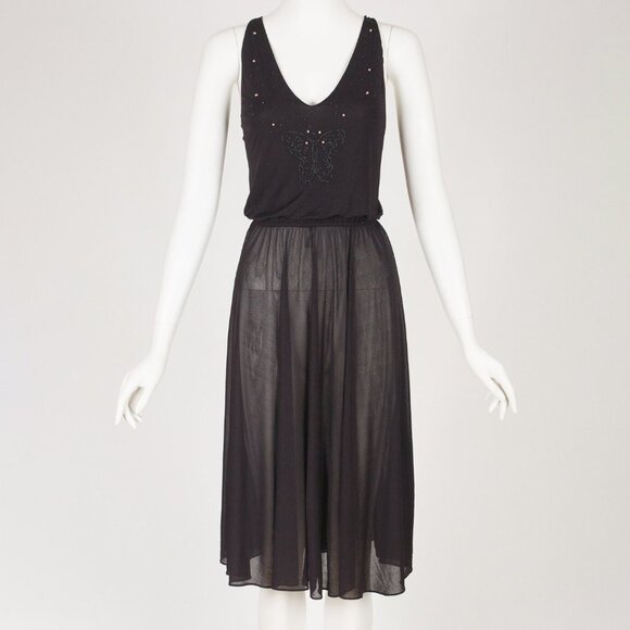 1970s Vintage Beaded Butterfly Black Jersey Cross Back Disco Dress Sz XS - Picture 3 of 5